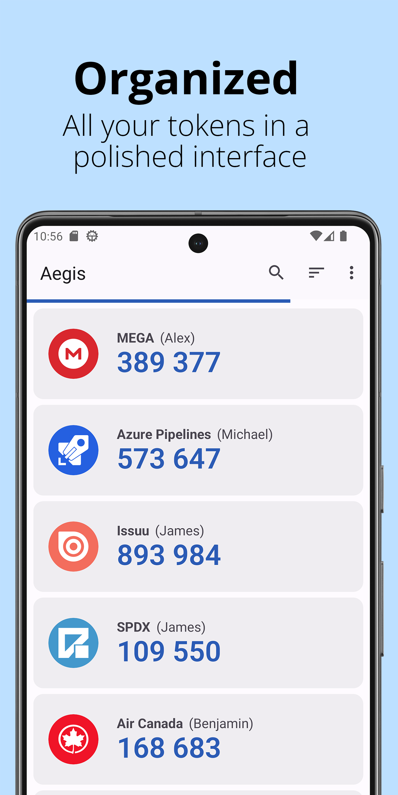 Aegis 主界面:验证码列表示例